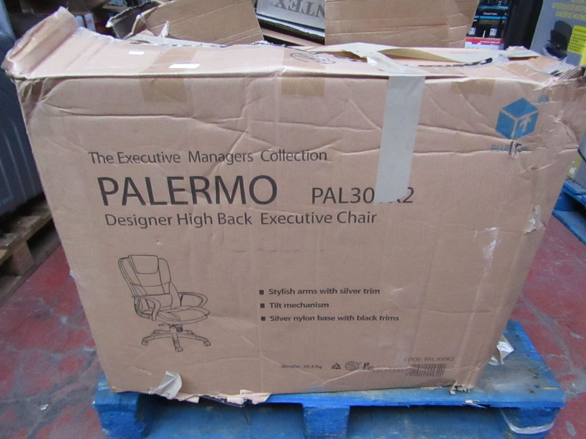 Costco Blue Box Palmermo Black executive office chair boxed and unchecked