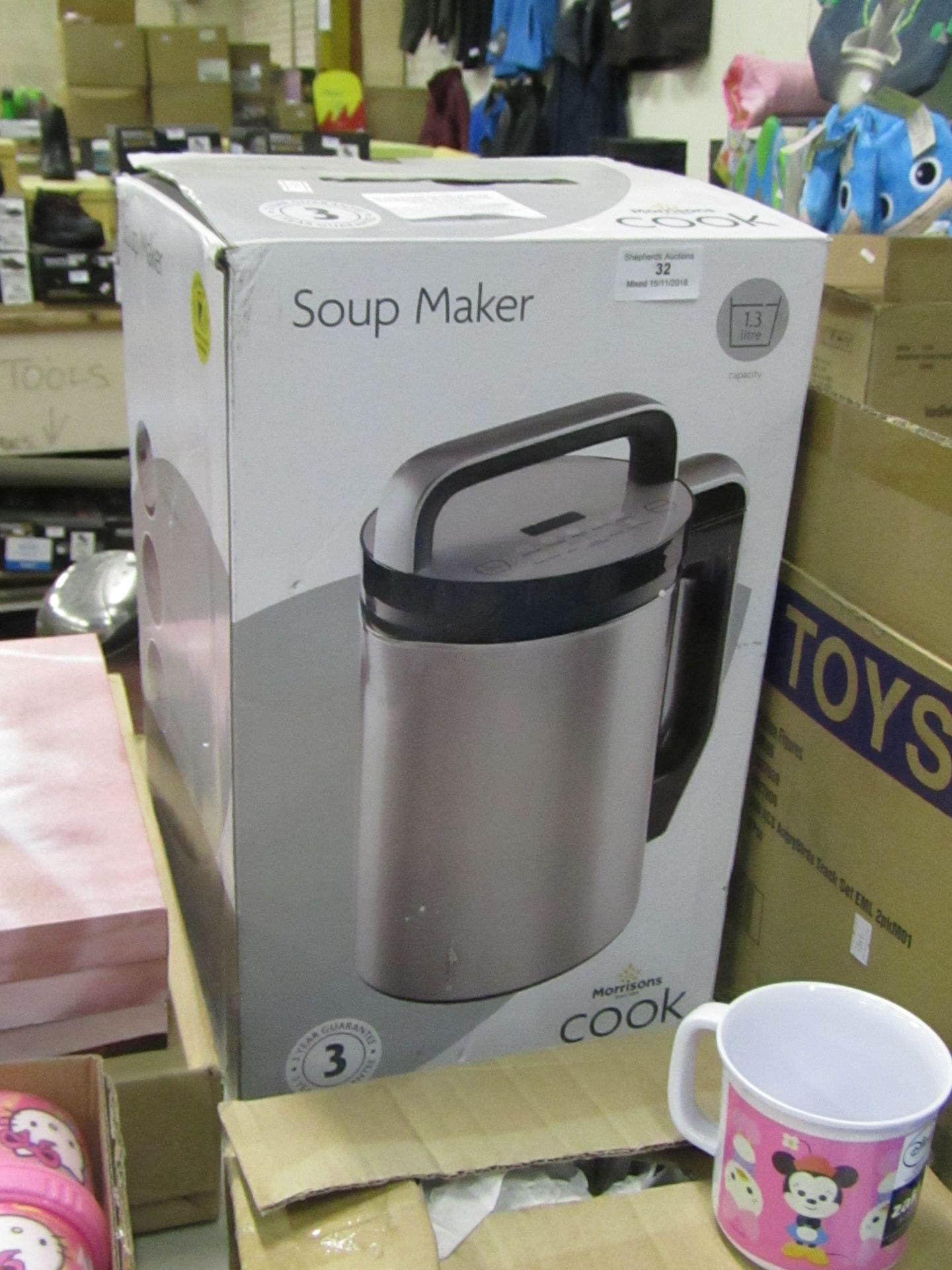 Morrisons 1.3ltr soup maker, powers on and boxed