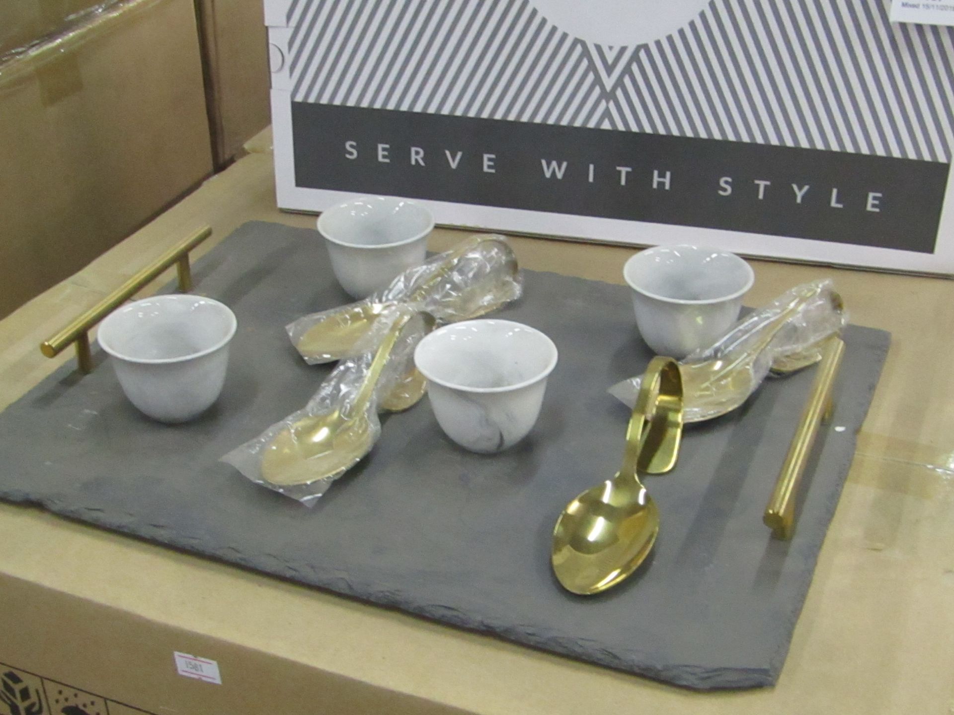 9 Piece Horderve Serving set, includes Slate tray, new and boxed.