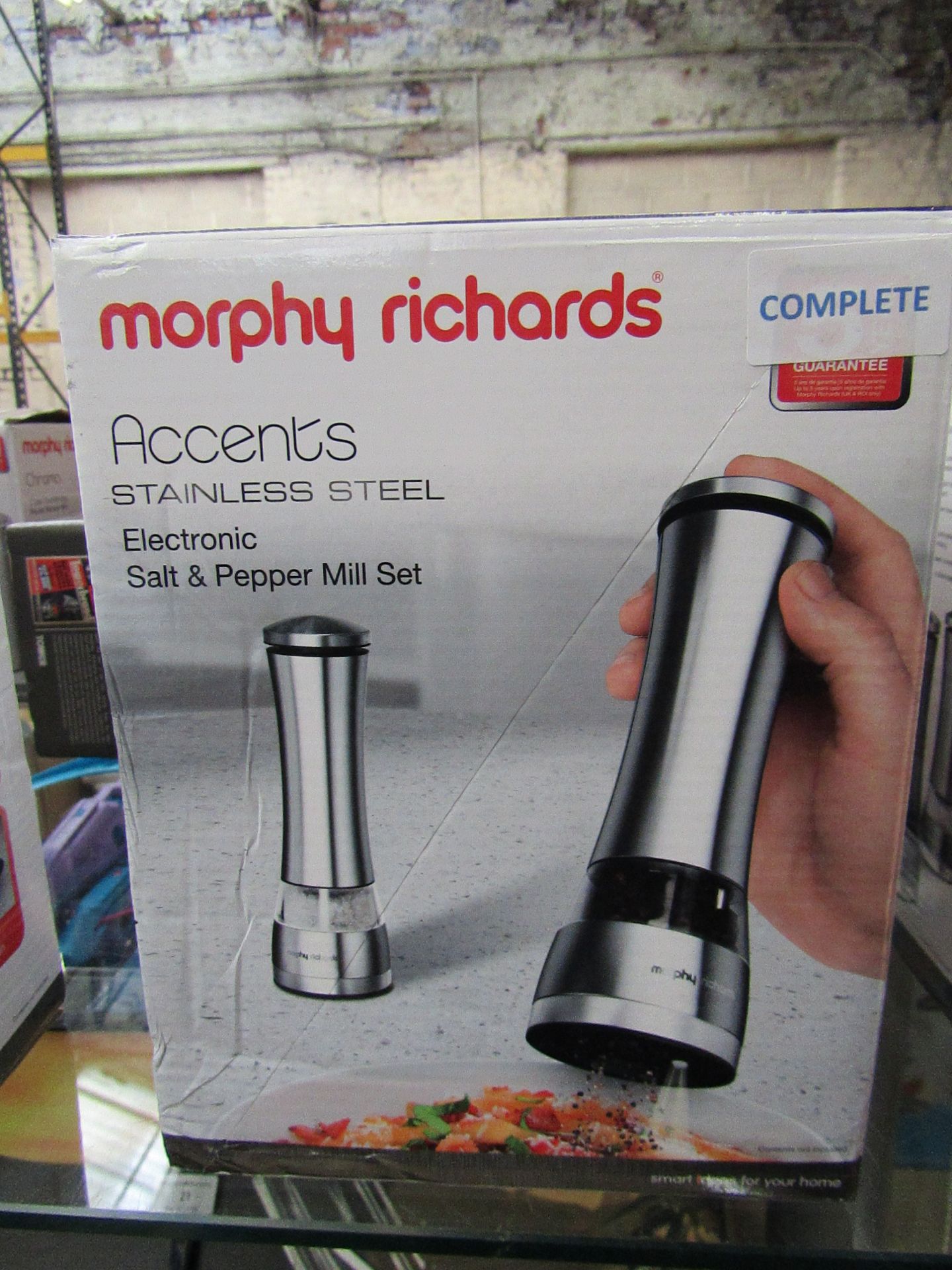 Morphy Richard accents electronic salt & pepper mill set. Stainless steel colour. Complete and