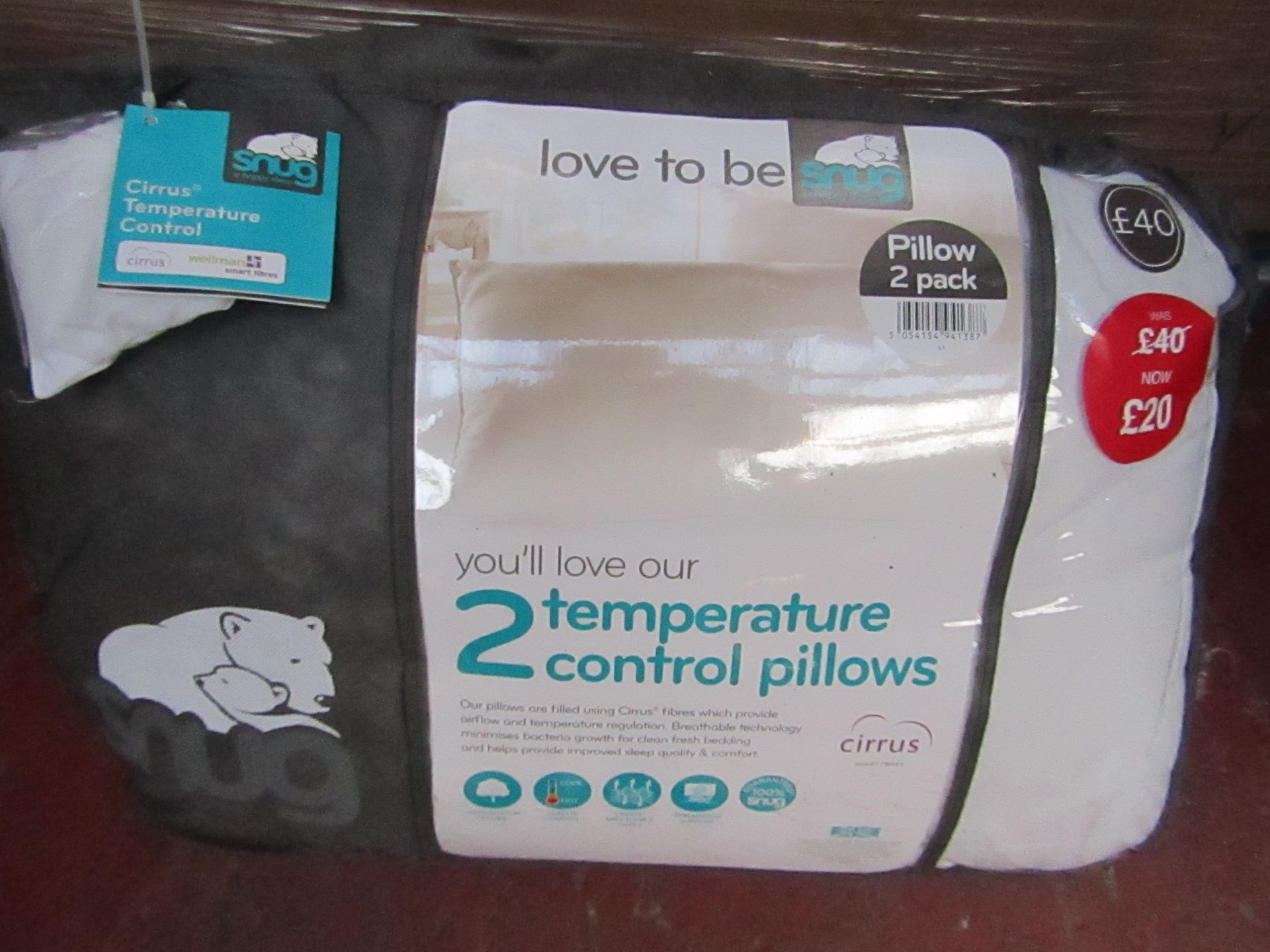 Snug pack of 2 temperature control pillows, brand new and packaged, RRP £40