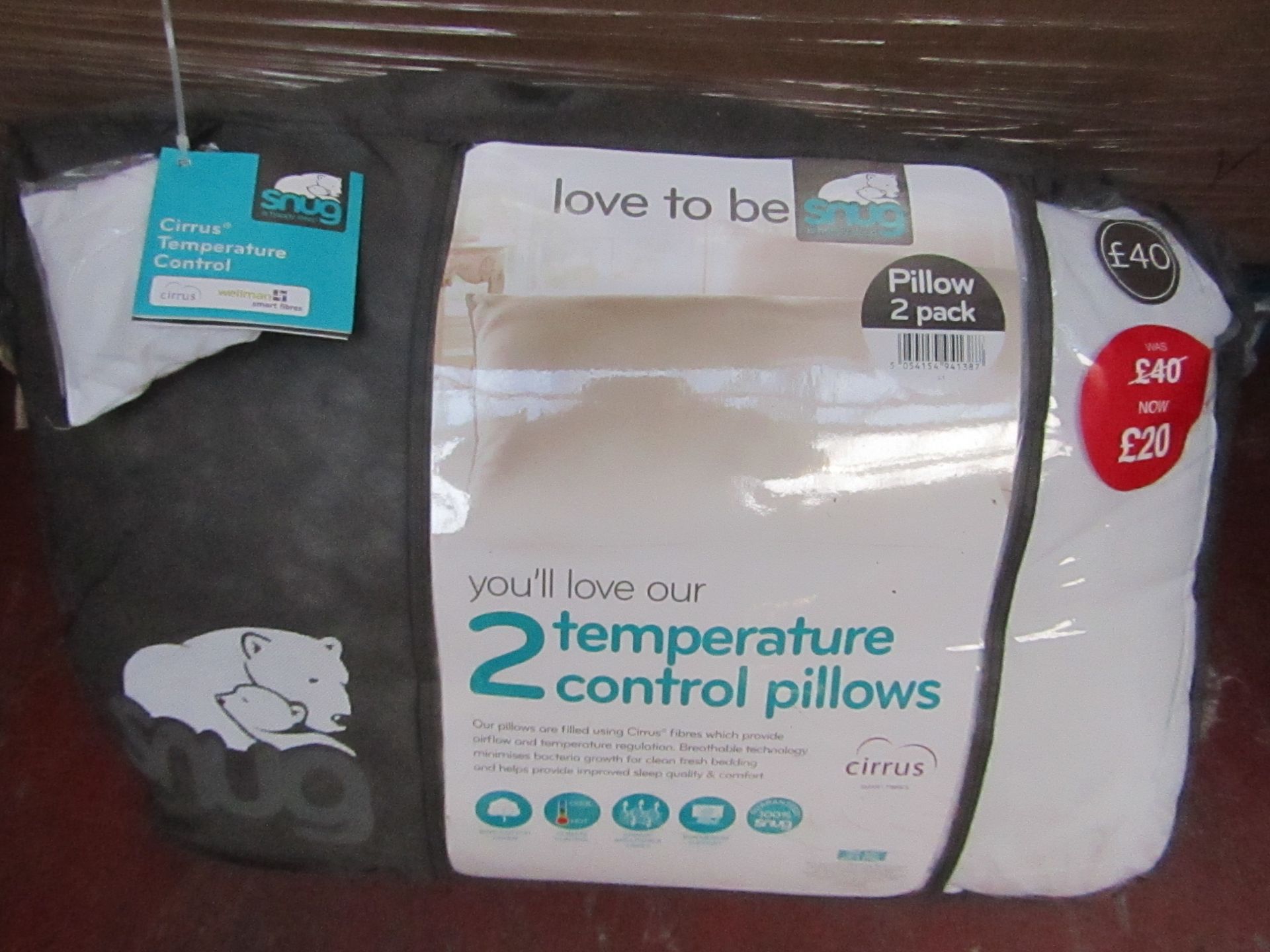 Snug pack of 2 temperature control pillows, brand new and packaged, RRP £40