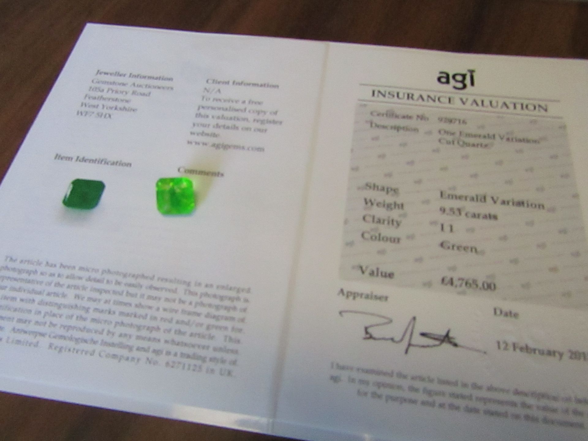 One Emerald Variation Cut Quartz. Weight 9.53 Carats. Clarity I1. Value £4,765.00 as per agi