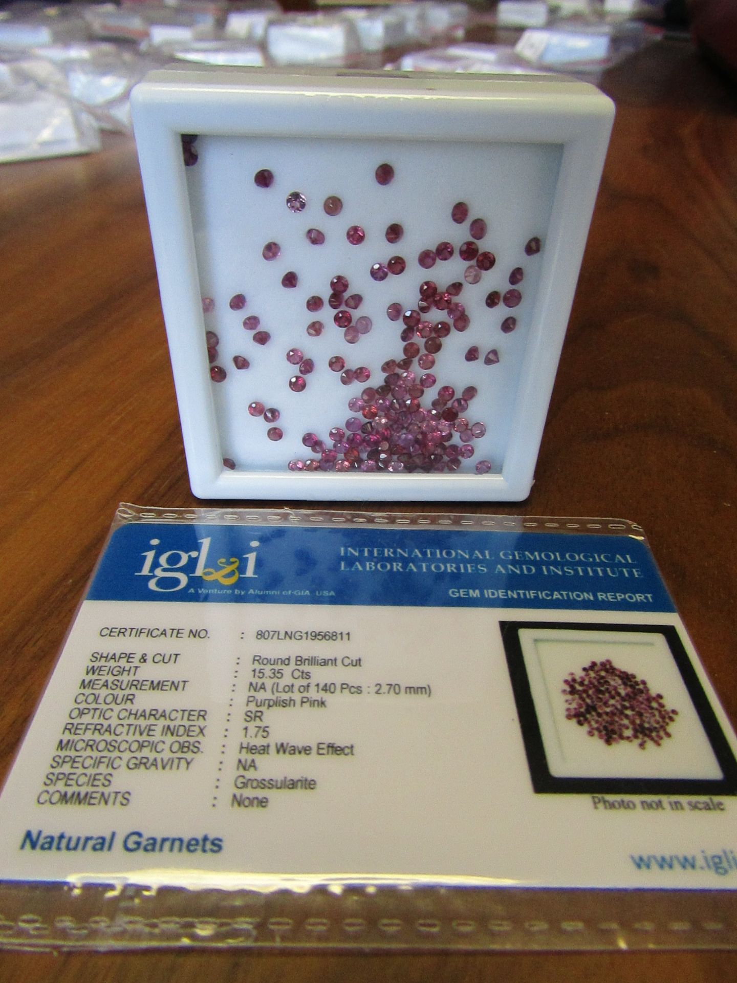 140 pieces Purplish Pink Natural Garnets Round Brilliant Cut. Total Weight 15.35 Carats. As per