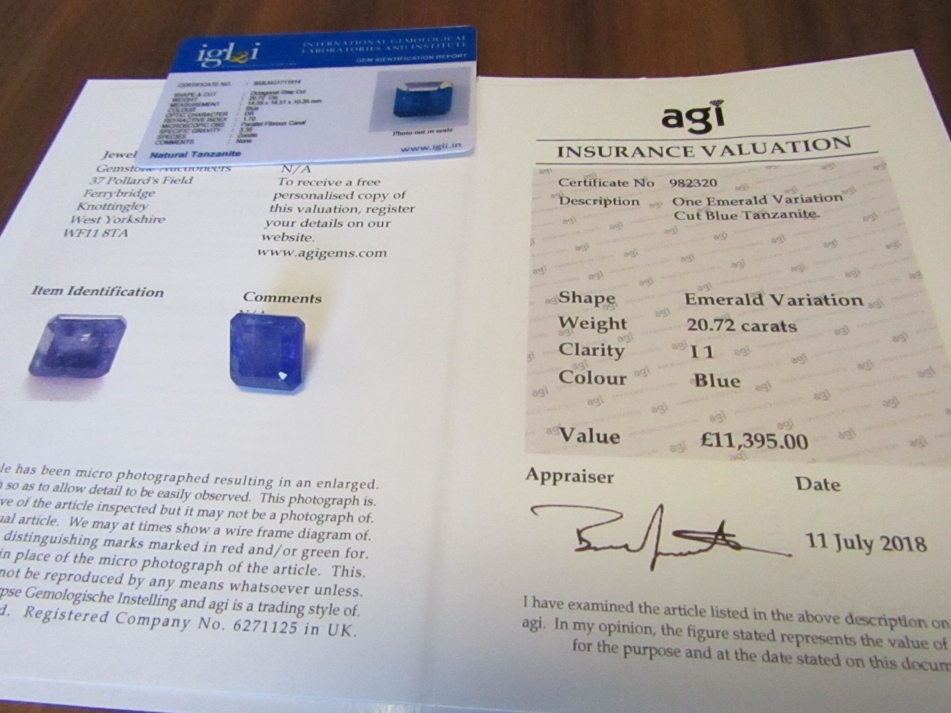 One Emerald Variation Cut Blue Tanzanite. Weight 20.72 Carats. Clarity I1. Value £11,395.00 as per