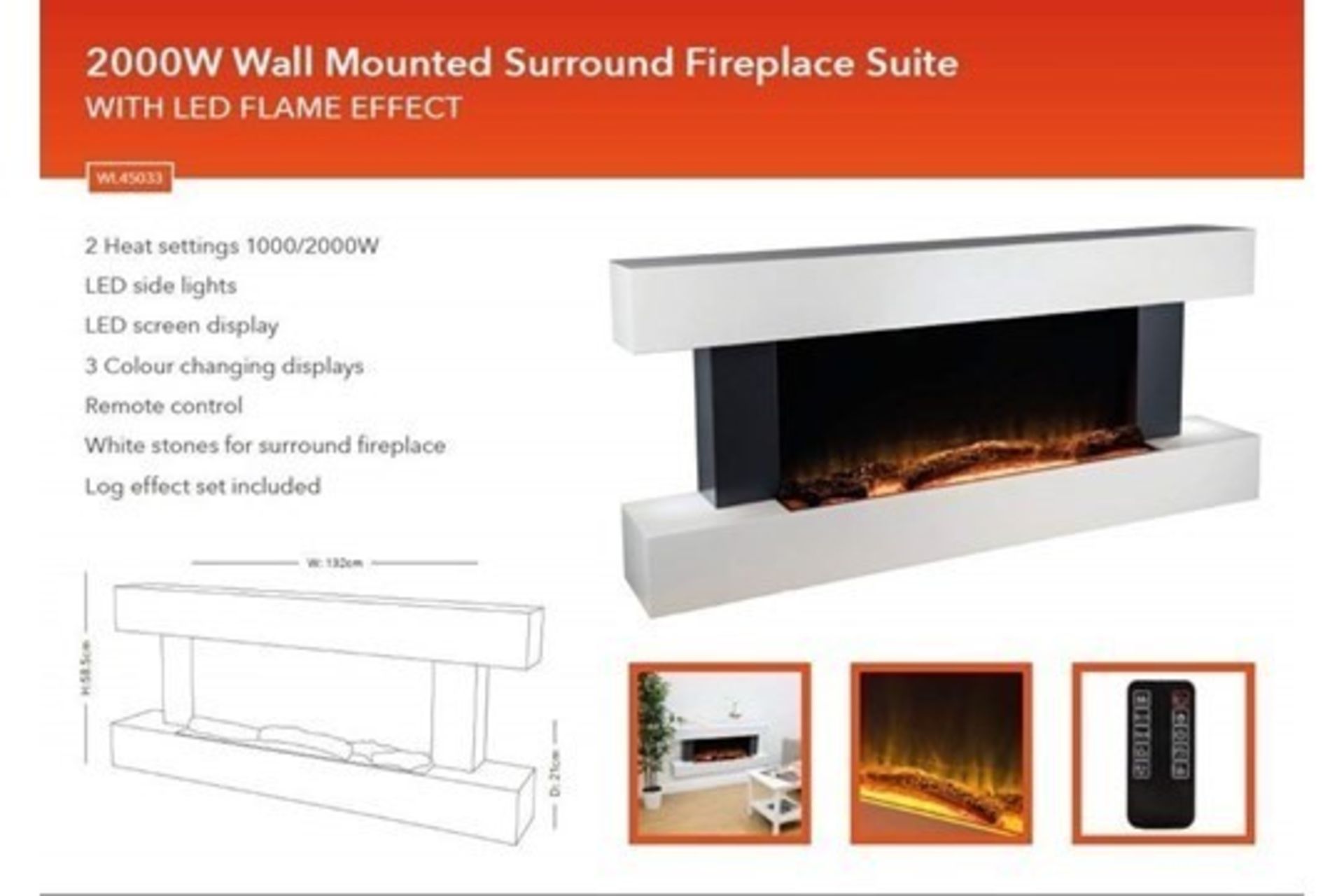 Warmlite 2000w Wall Mounted surround electric fire place suite with LED flame effect, new and boxed, - Image 3 of 4