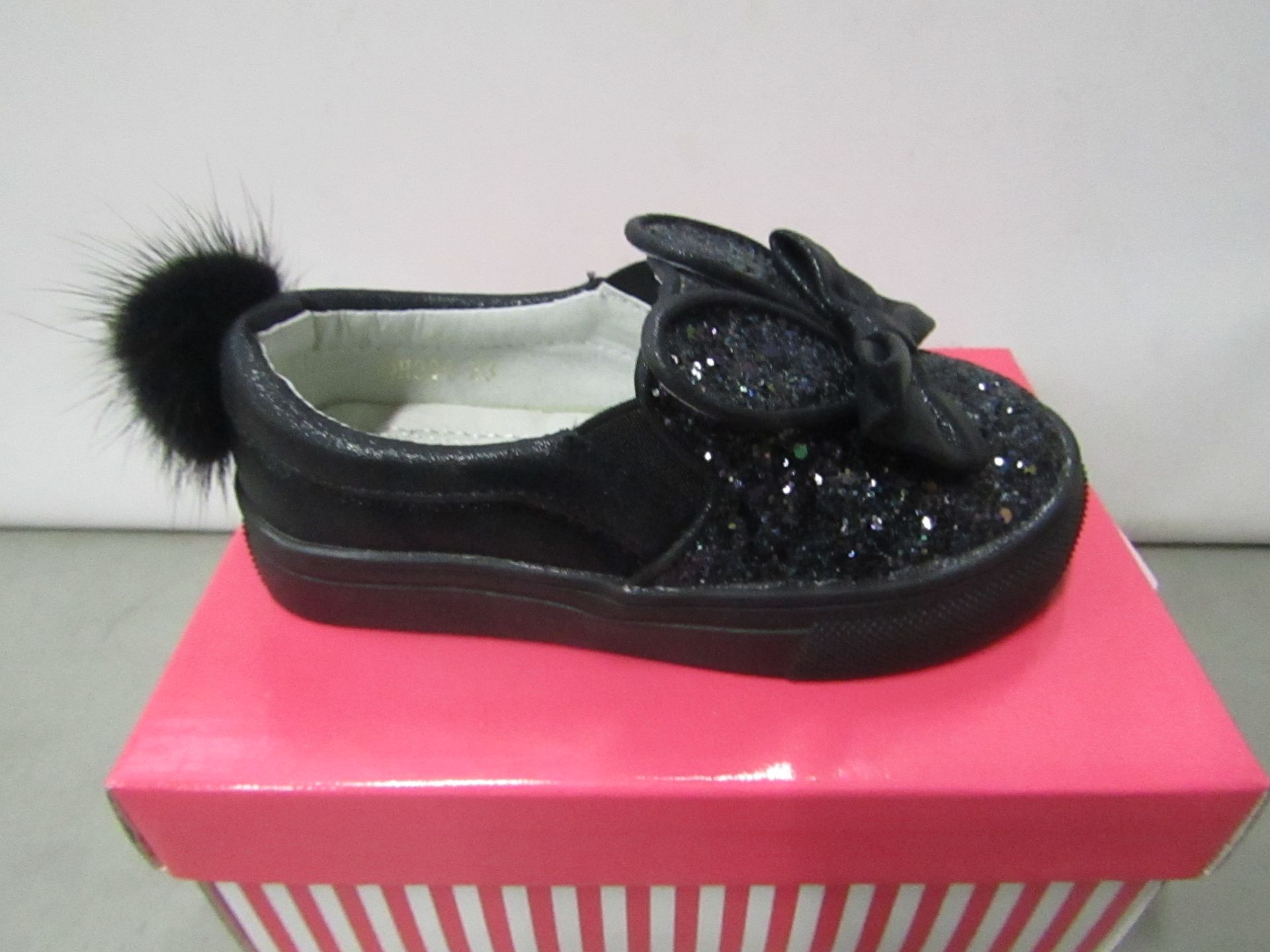 Miss Sophia Girls black shoe with sequence  design on the main body of the shoe also bow on