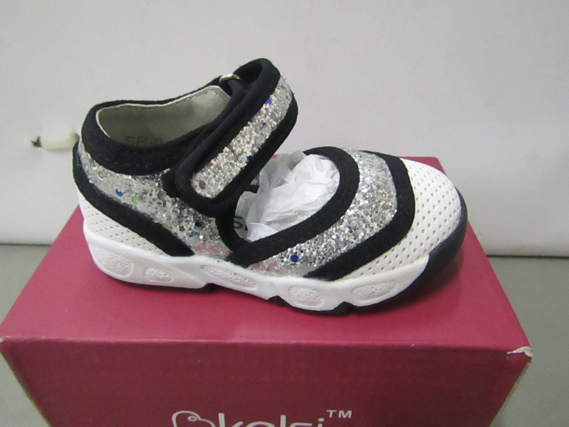 Kelsi Girls shoe with silver sequence design also velcro fastening size K3 new & boxed