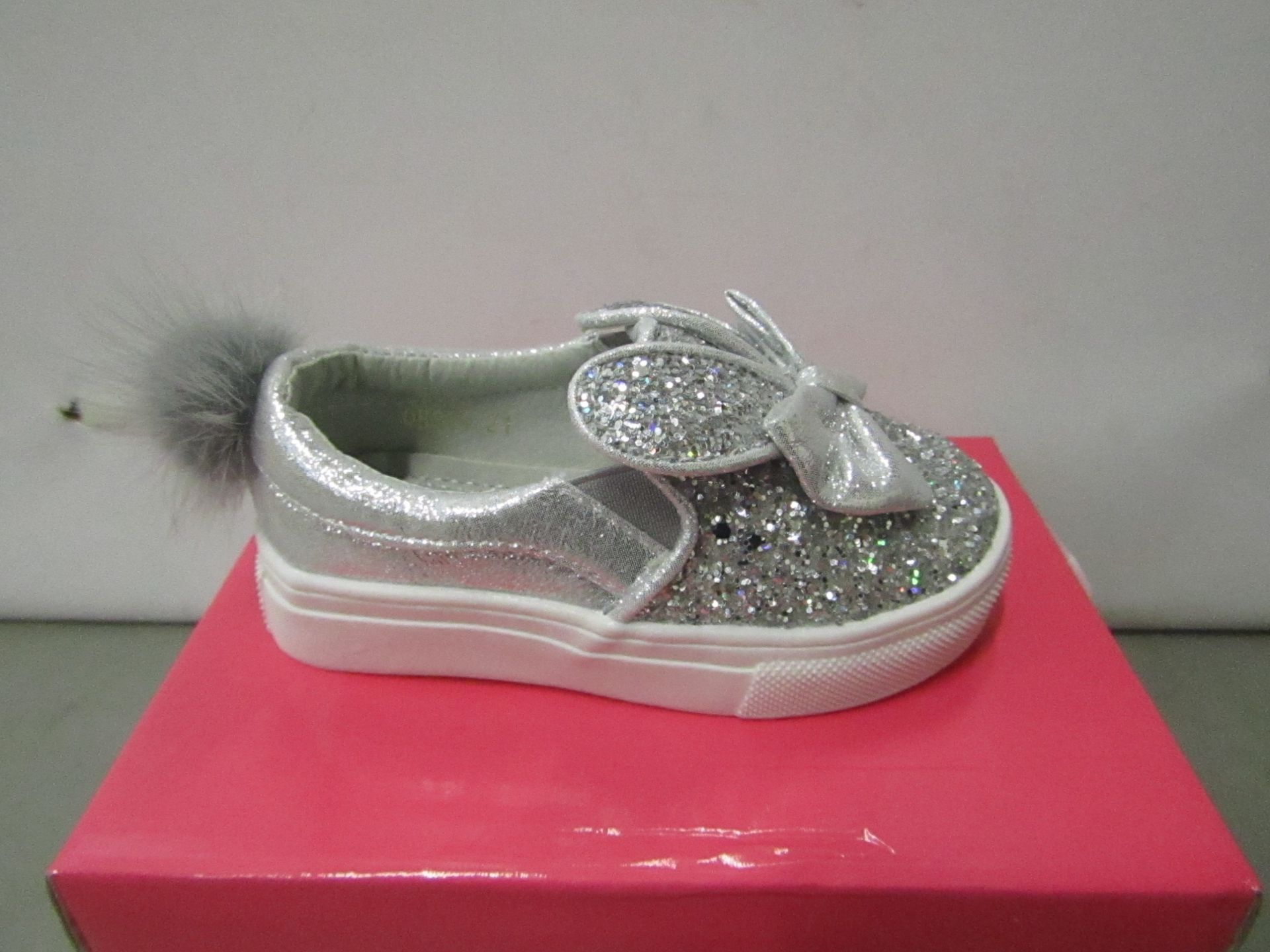 Miss Sophia Girls silver shoe with sequence  design on the main body of the shoe also bow on front &