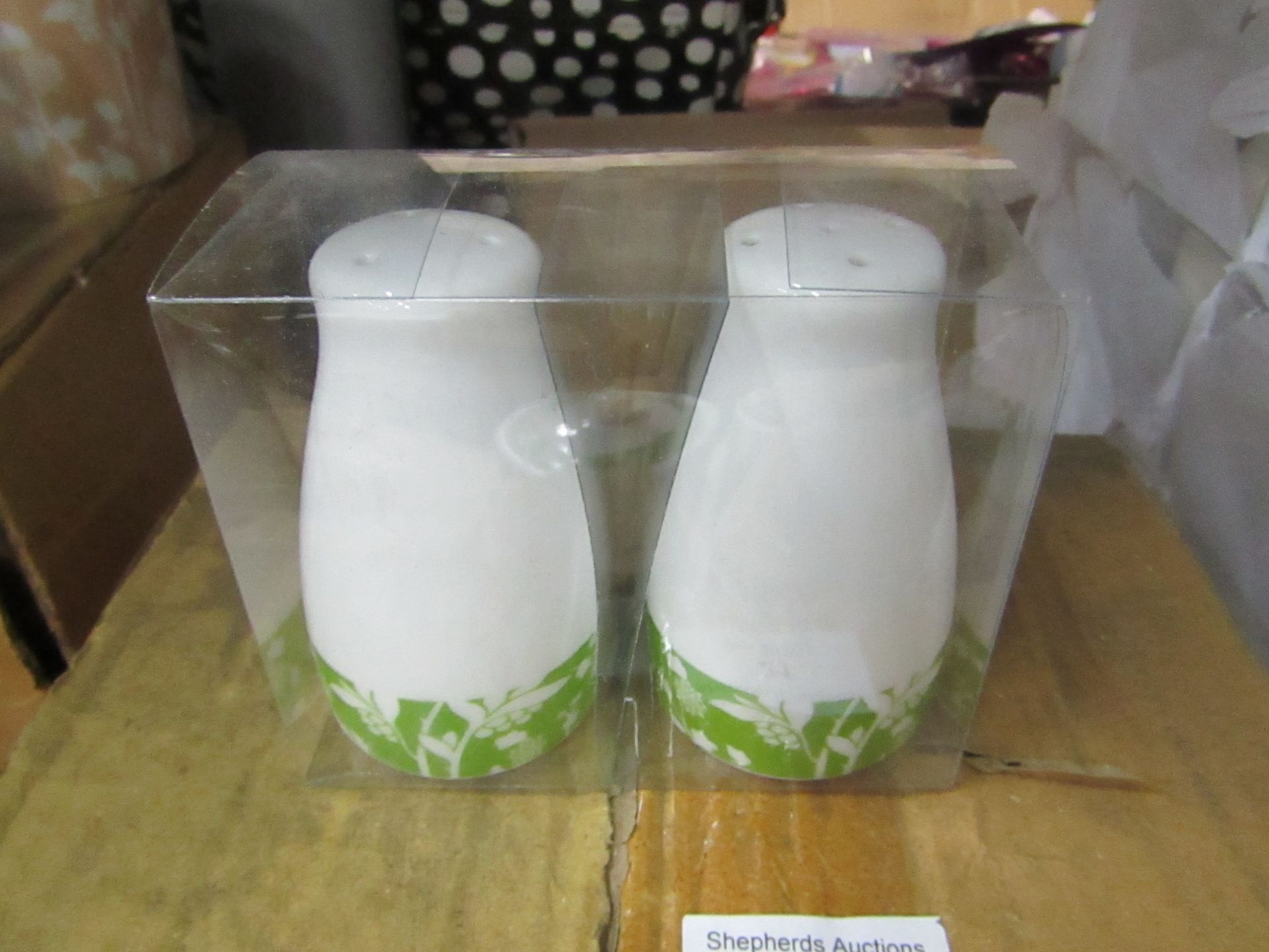 Box of approx 6x sets of 2 green print Salt and Pepper pots, new
