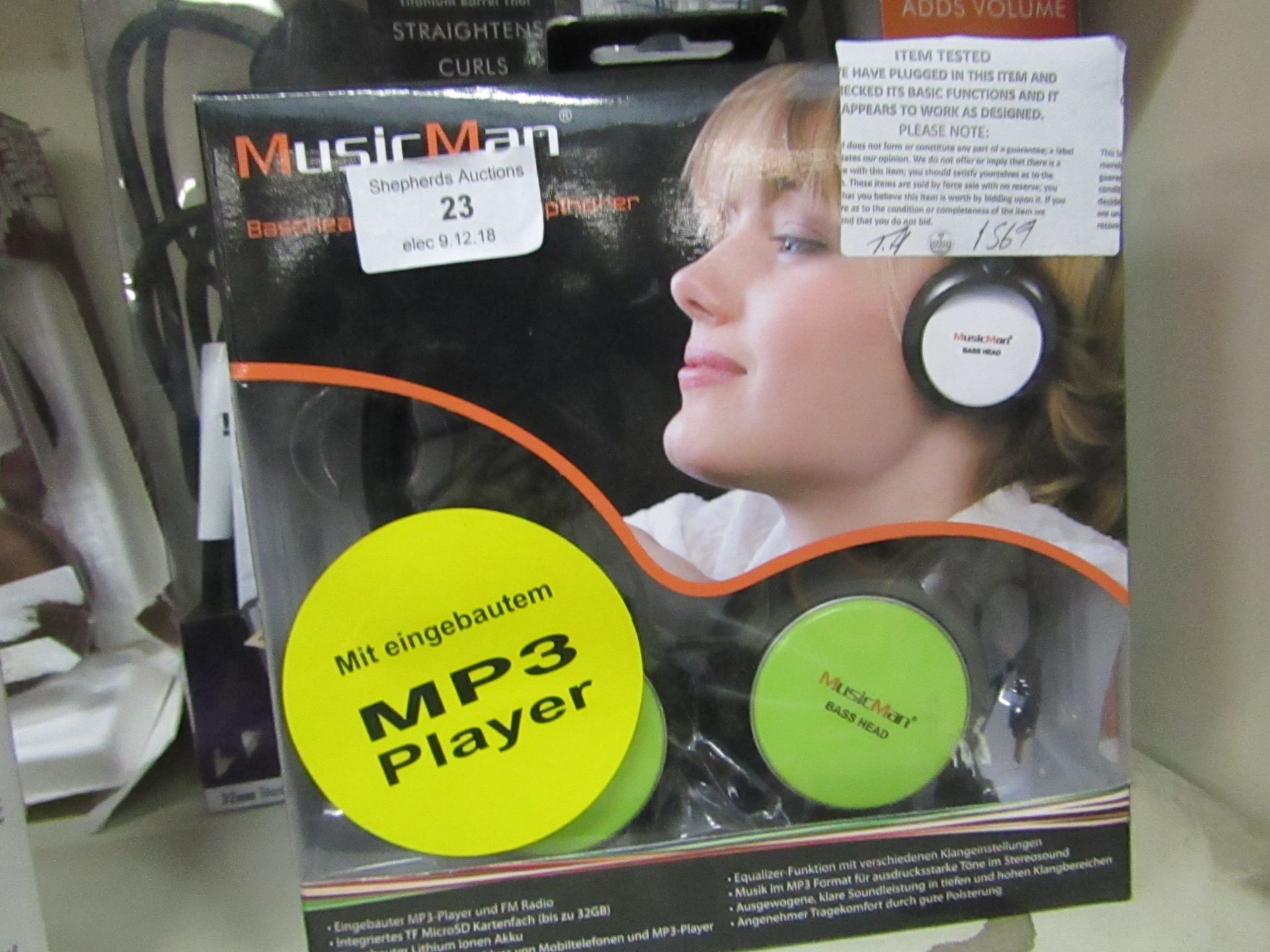 Music Man Bass MP3 headphones, tested working and boxed.