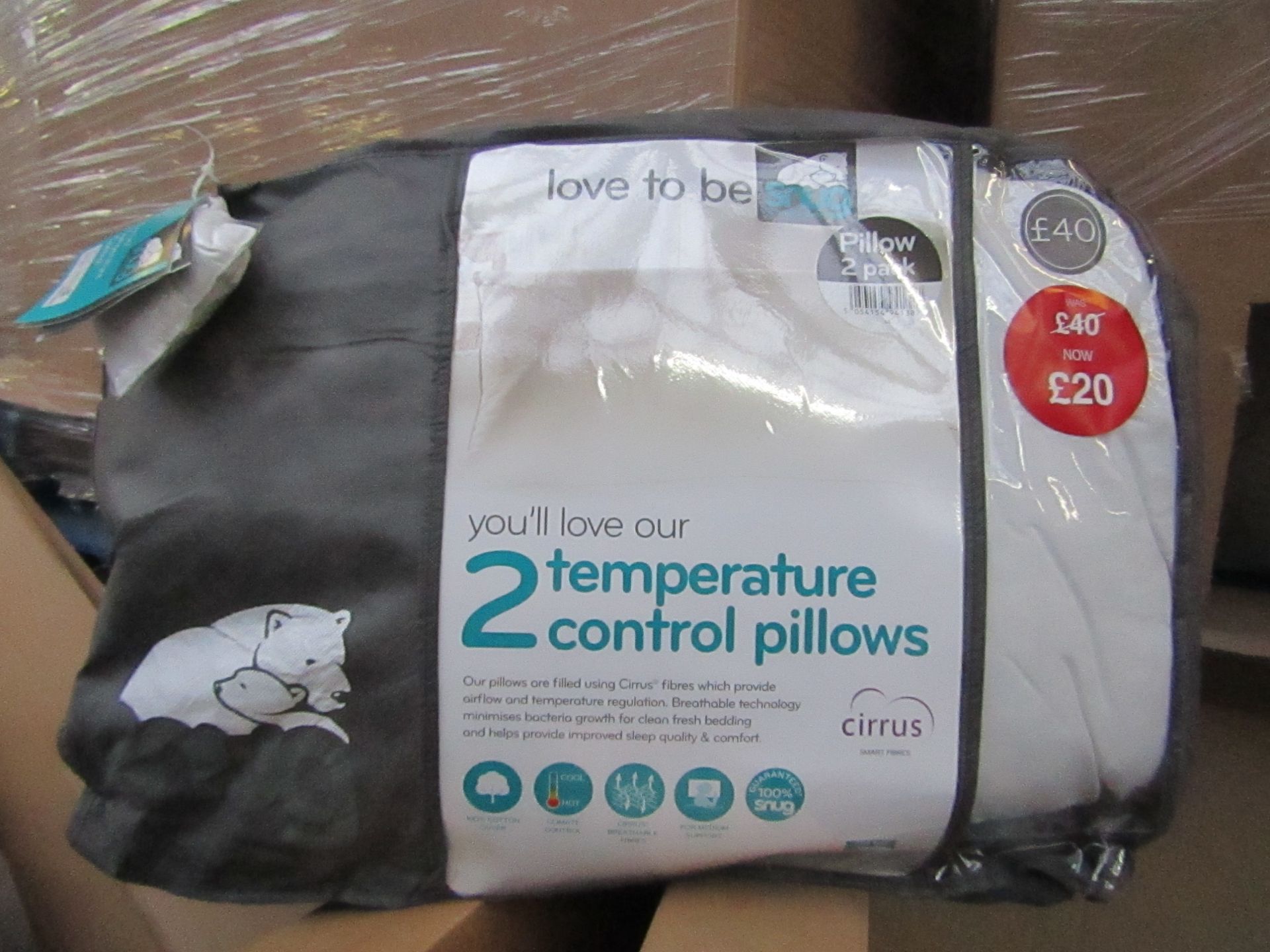 Snug pack of 2 temperature control pillows, brand new and packaged, RRP £40