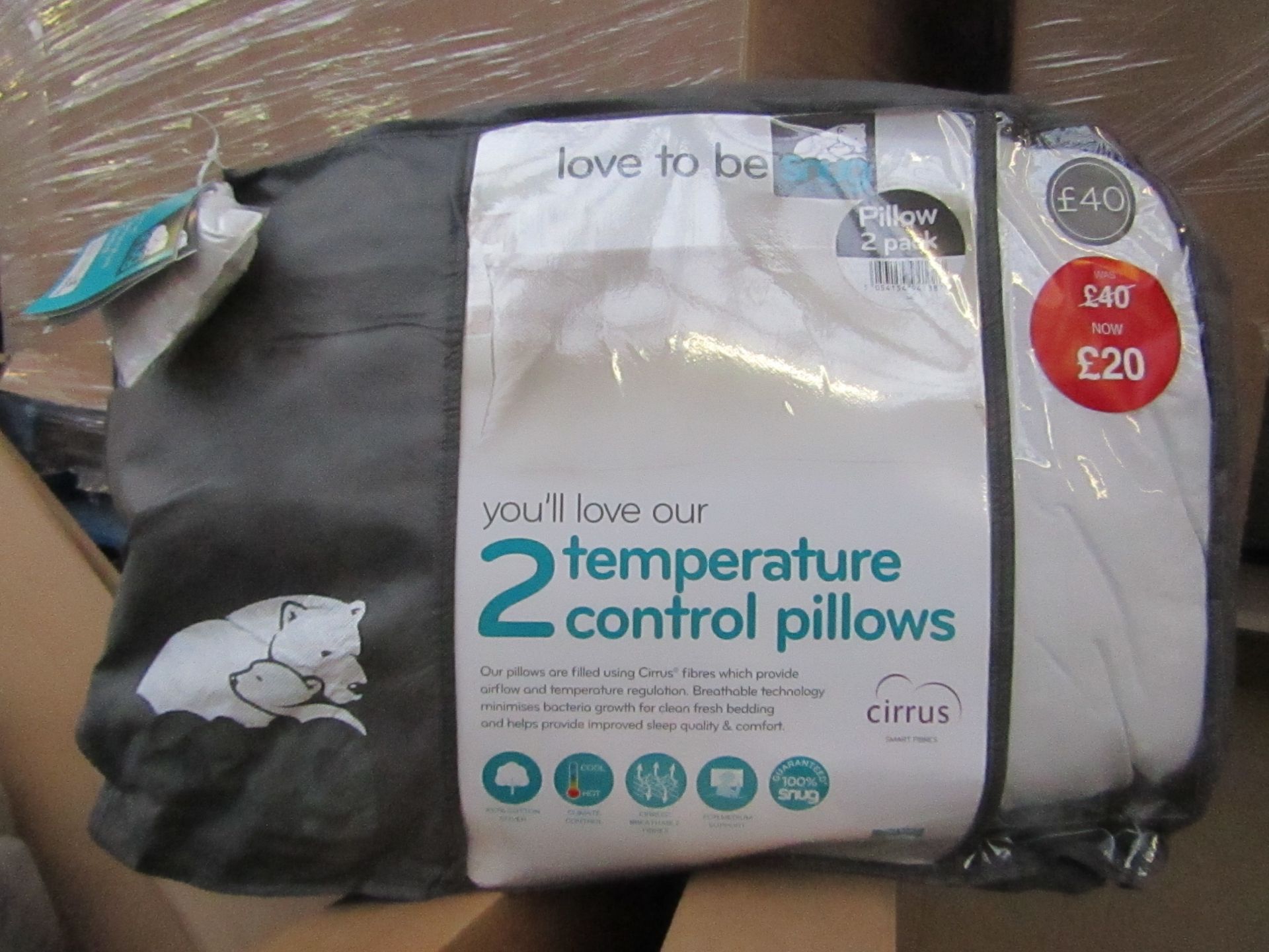 Snug pack of 2 temperature control pillows, brand new and packaged, RRP £40