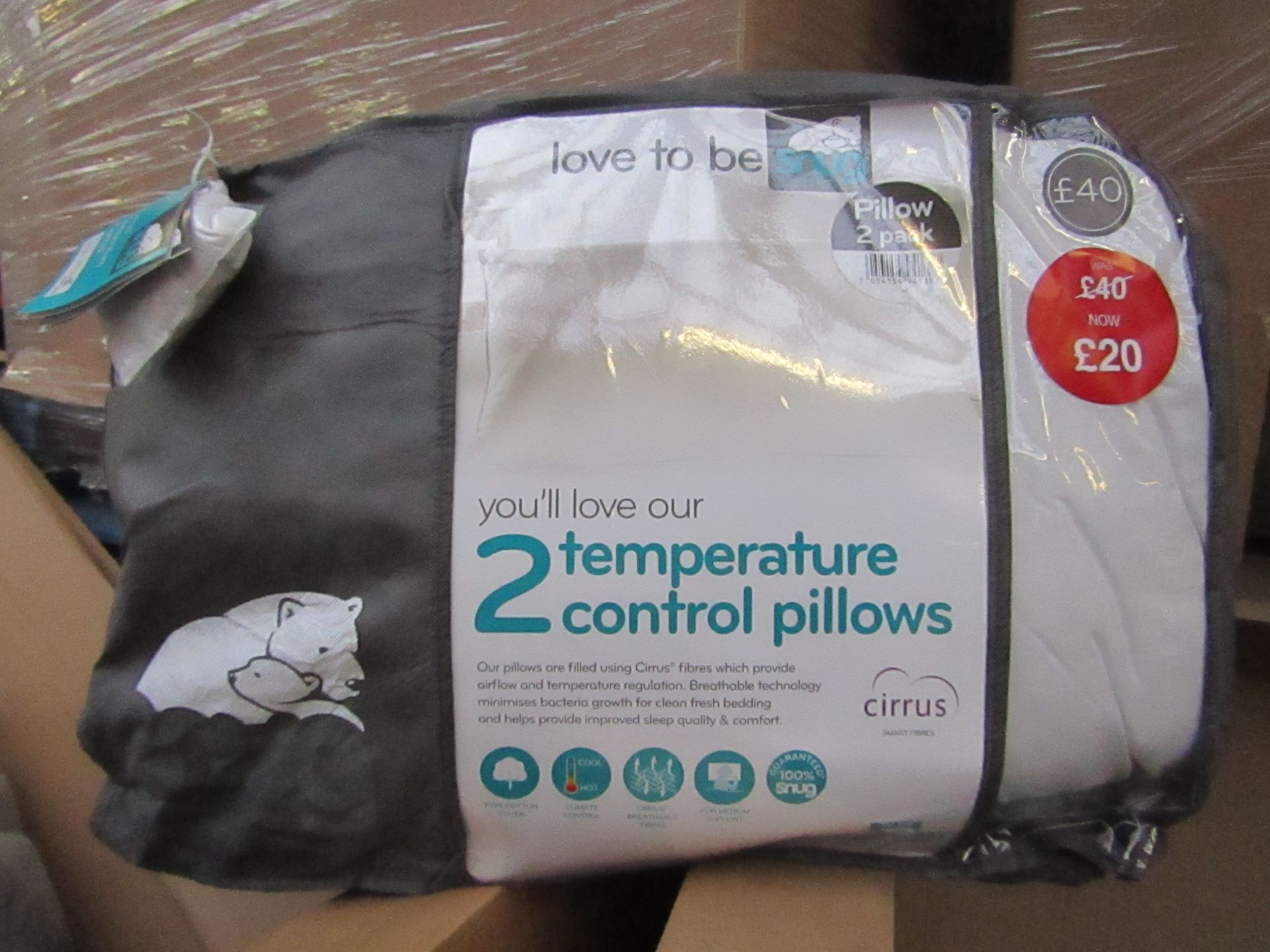 Snug pack of 2 temperature control pillows, brand new and packaged, RRP £40