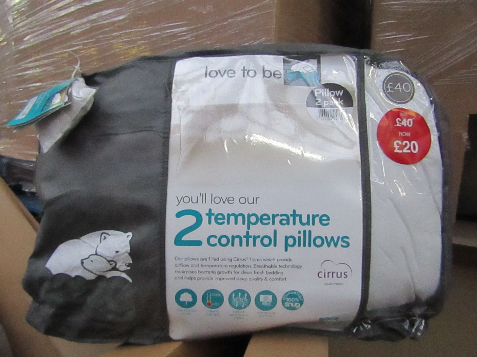 Snug pack of 2 temperature control pillows, brand new and packaged, RRP £40