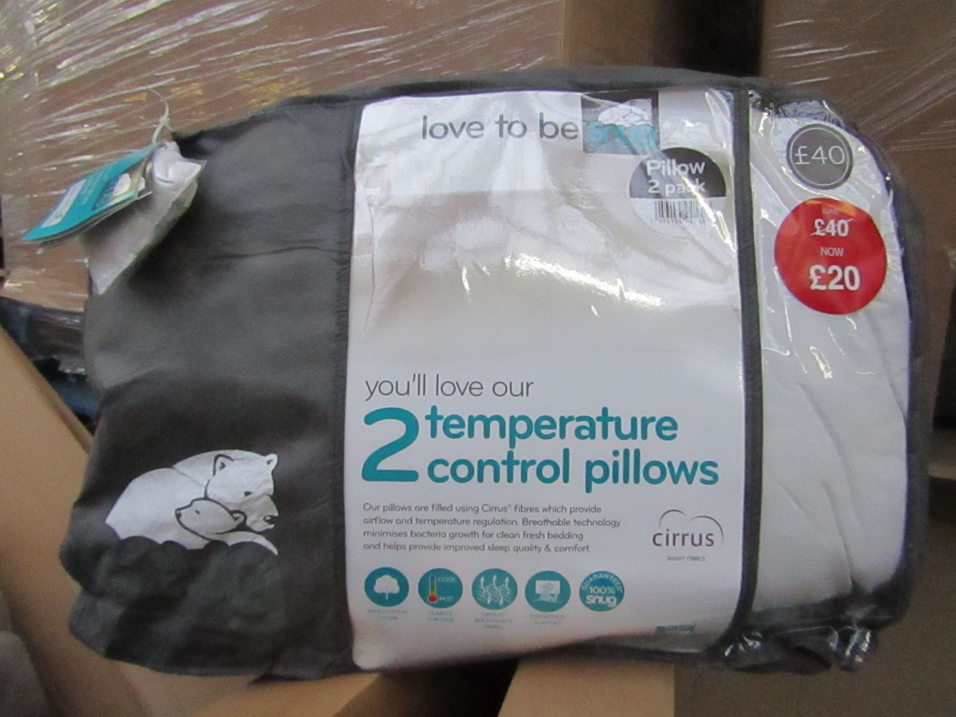 Snug pack of 2 temperature control pillows, brand new and packaged, RRP £40