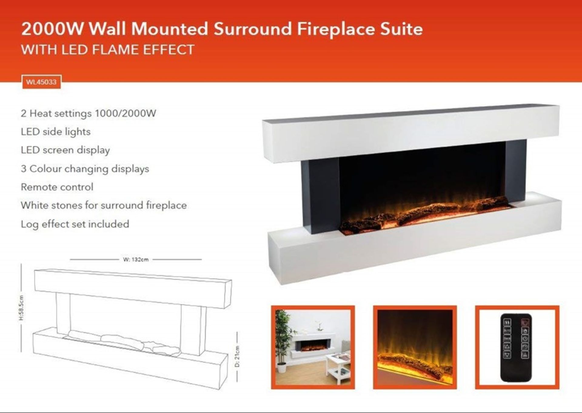 2000w Wall Mounted surround electric fire place suite with LED flame effect, new and boxed, features - Image 3 of 6