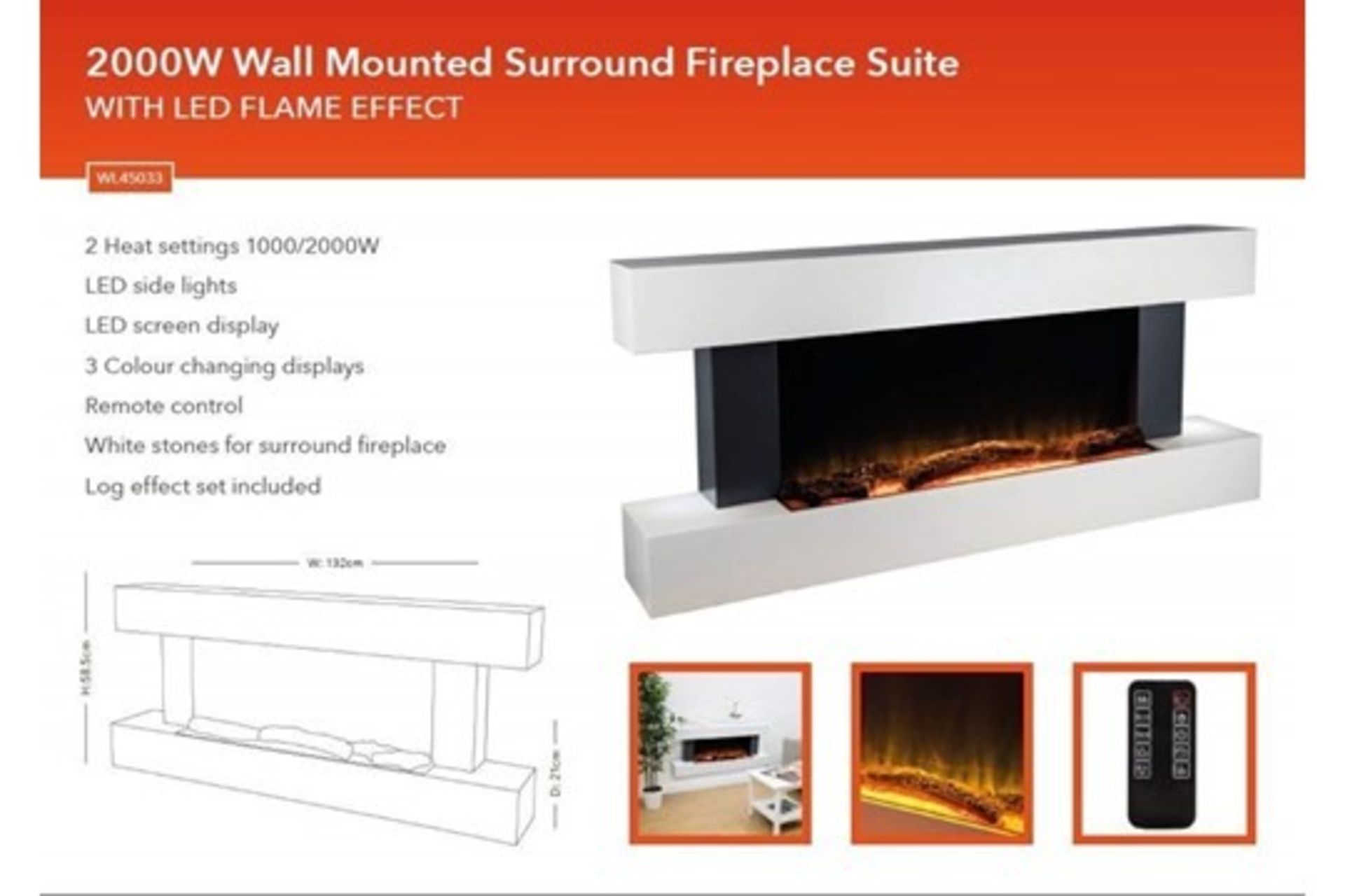 Pallet of 5x 2000w Wall Mounted surround electric fire place suite with LED flame effect, new and - Image 2 of 3