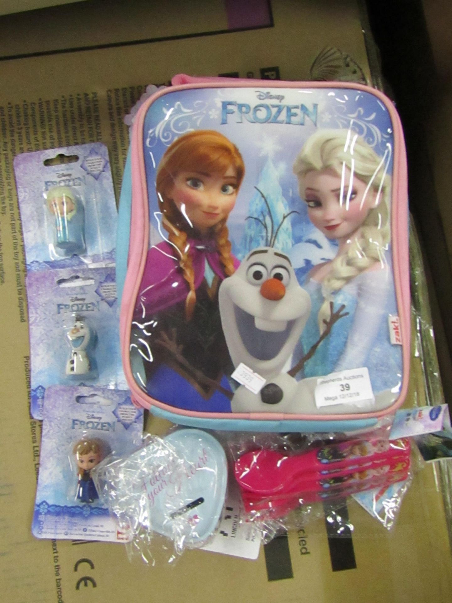 7x Disney Frozen items being Platic Cutlery sets, 3D Erasers, Lunch Bag, Money Tin, all new