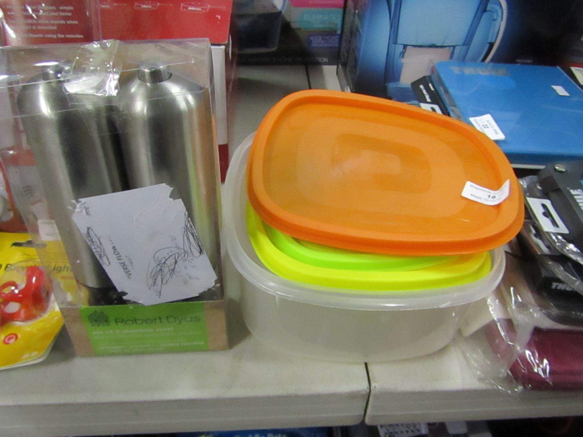 2x Items being battery operated salt and pepper grinder and a set of plastic storage boxes