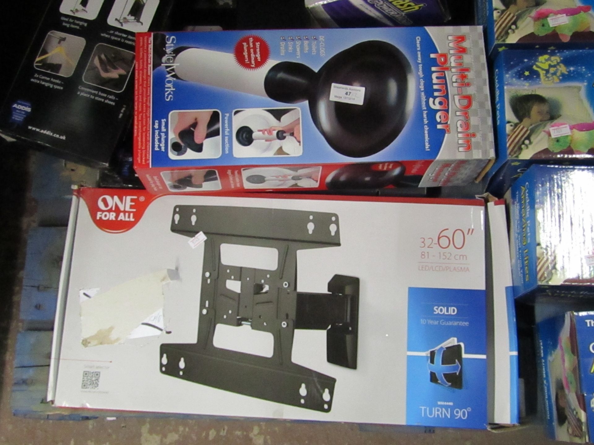 2x Items being Multi drain Plunger and a one for all 60" TV wall bracket, both boxed and unchecked