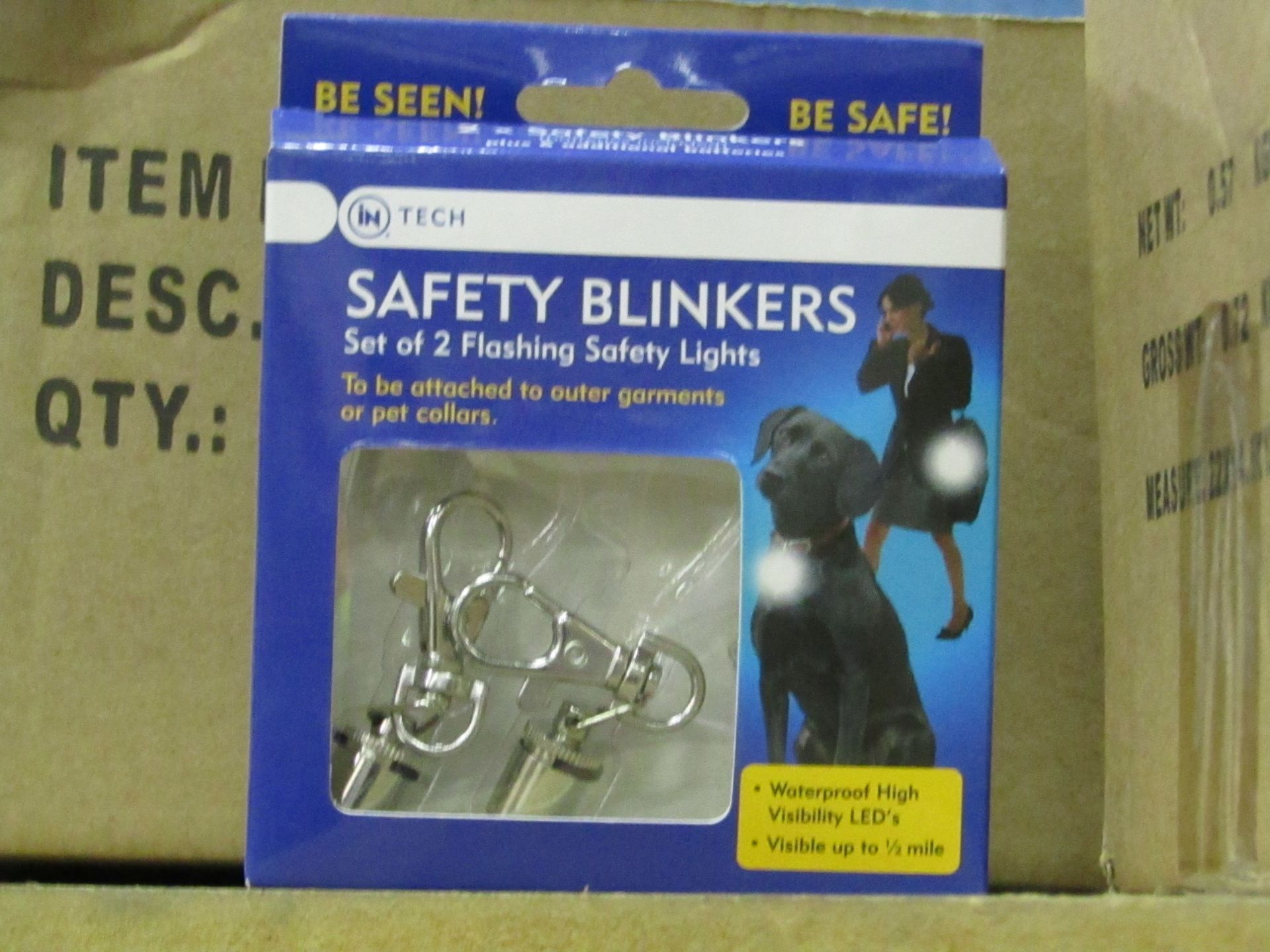 Box of 12x sets of 2 Safety Blinkers, small flashing lights that clip onto clothing etc, new and