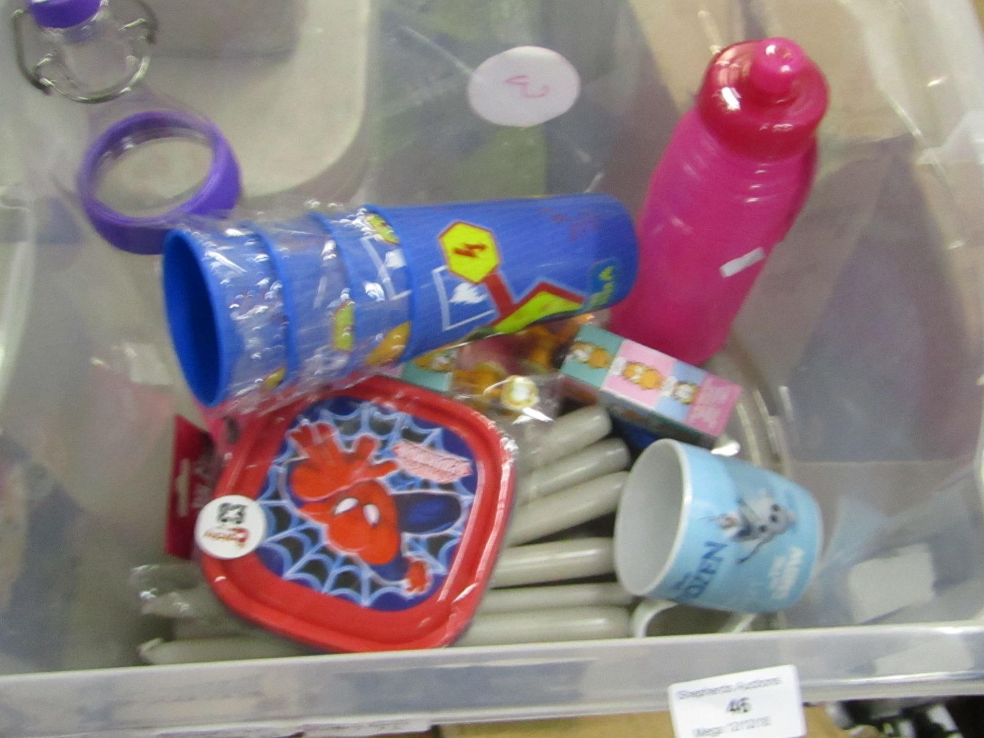 Box of approx 22 items which include Plastic branded cups, Earphones, air fresheners and more.