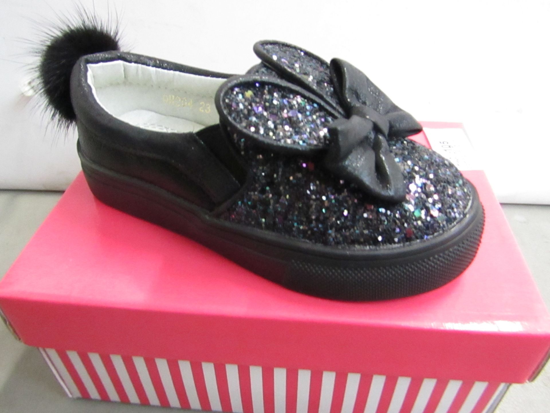 Miss Sophia Girls black shoe with sequence  design on the main body of the shoe also bow on