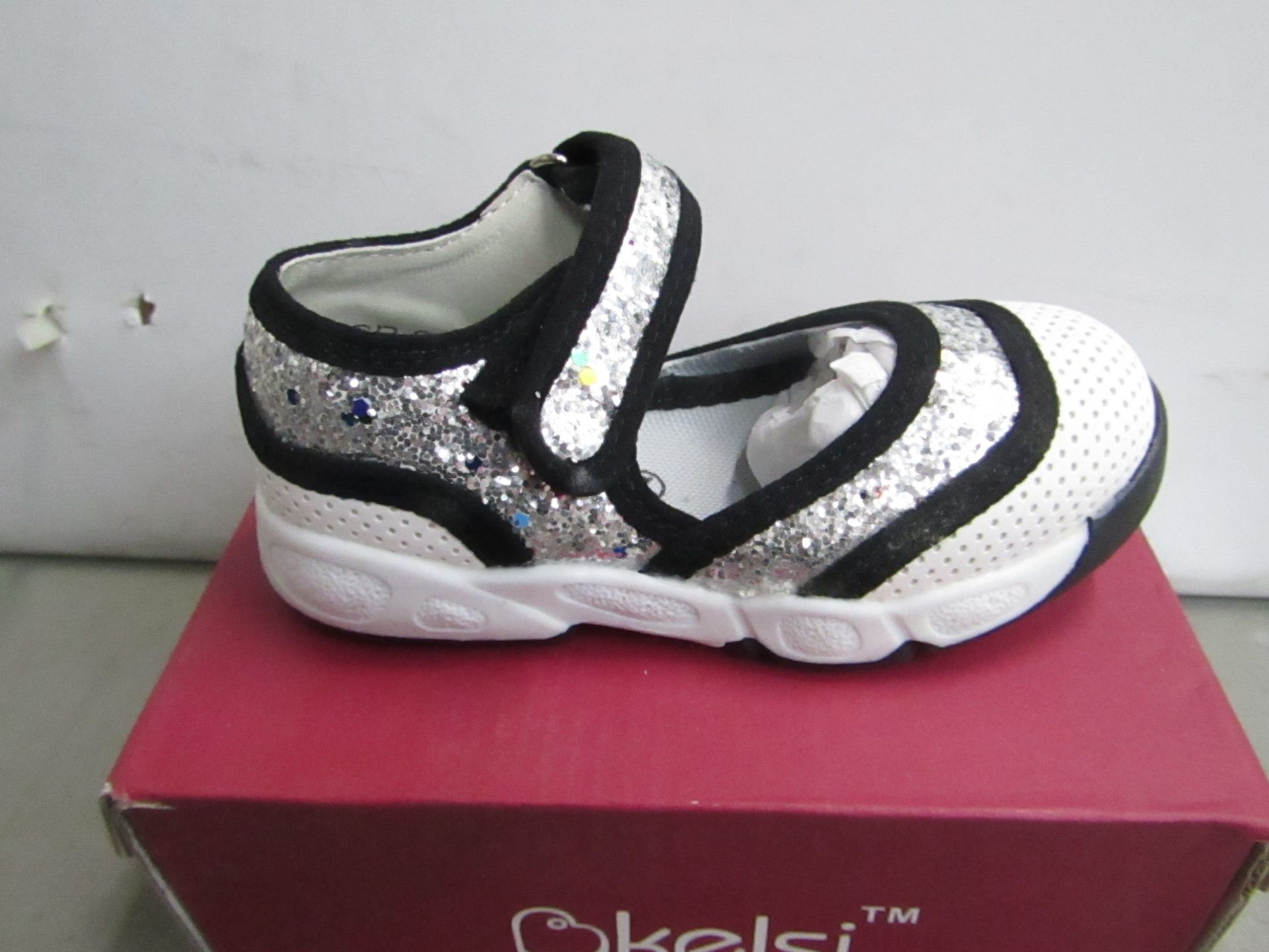 Kelsi Girls shoe with silver sequence design also velcro fastening size K6 new & boxed