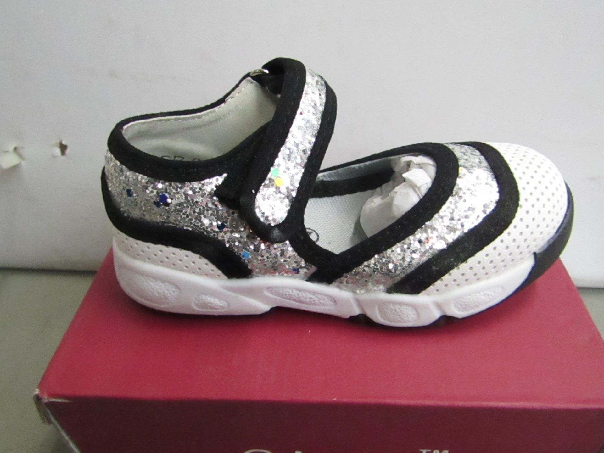 Kelsi Girls shoe with silver sequence design also velcro fastening size K3 new & boxed