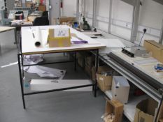 (3) Grey steel framed overhead engineers desks with shelves and electric sockets and Contents