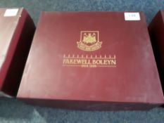 Souvenir boxed 'Farewell Boleyn' West Ham United leather seat cushions, with presentation box