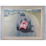 Large Original Painting of Peter Collins and Ferrari Dino at 1958 Silverstone Grand Prix