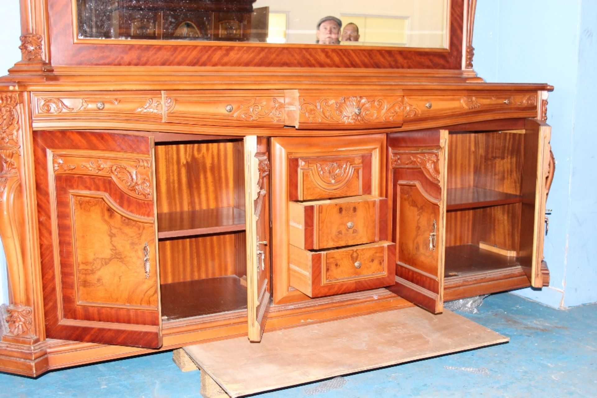 Huge hand Carved Wall Unit / Dresser with Large Mirror – 2 Double Cupboards below + 8 Drawers W264cm - Image 5 of 5