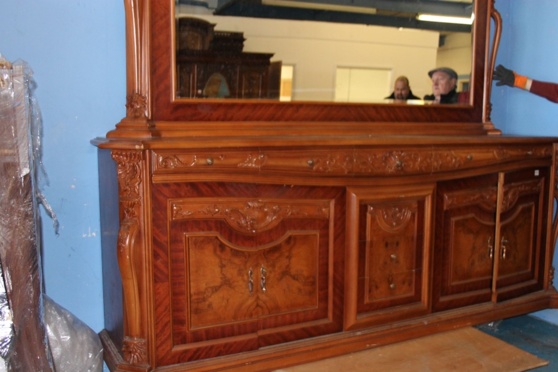 Huge hand Carved Wall Unit / Dresser with Large Mirror – 2 Double Cupboards below + 8 Drawers W264cm - Image 2 of 5