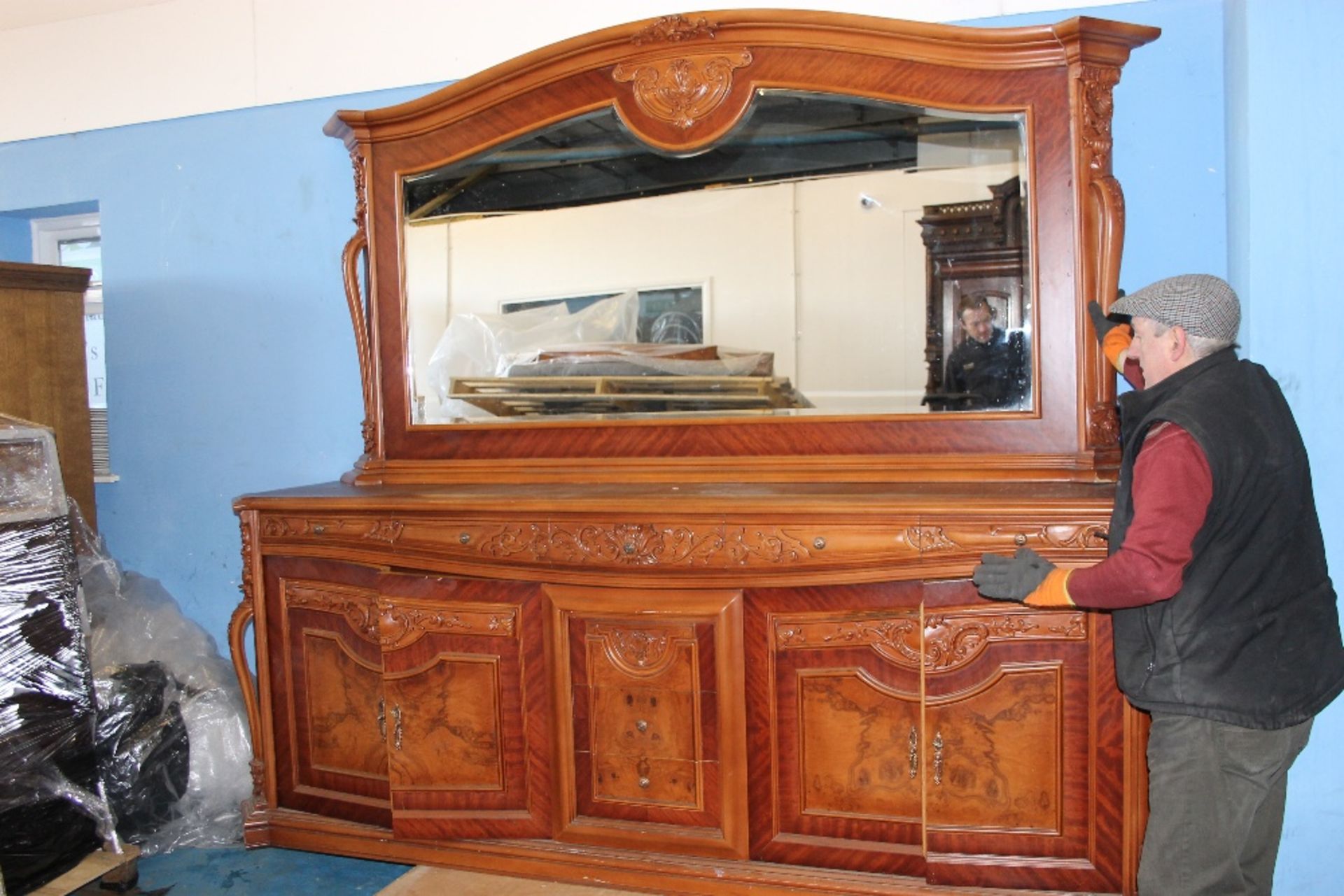 Huge hand Carved Wall Unit / Dresser with Large Mirror – 2 Double Cupboards below + 8 Drawers W264cm