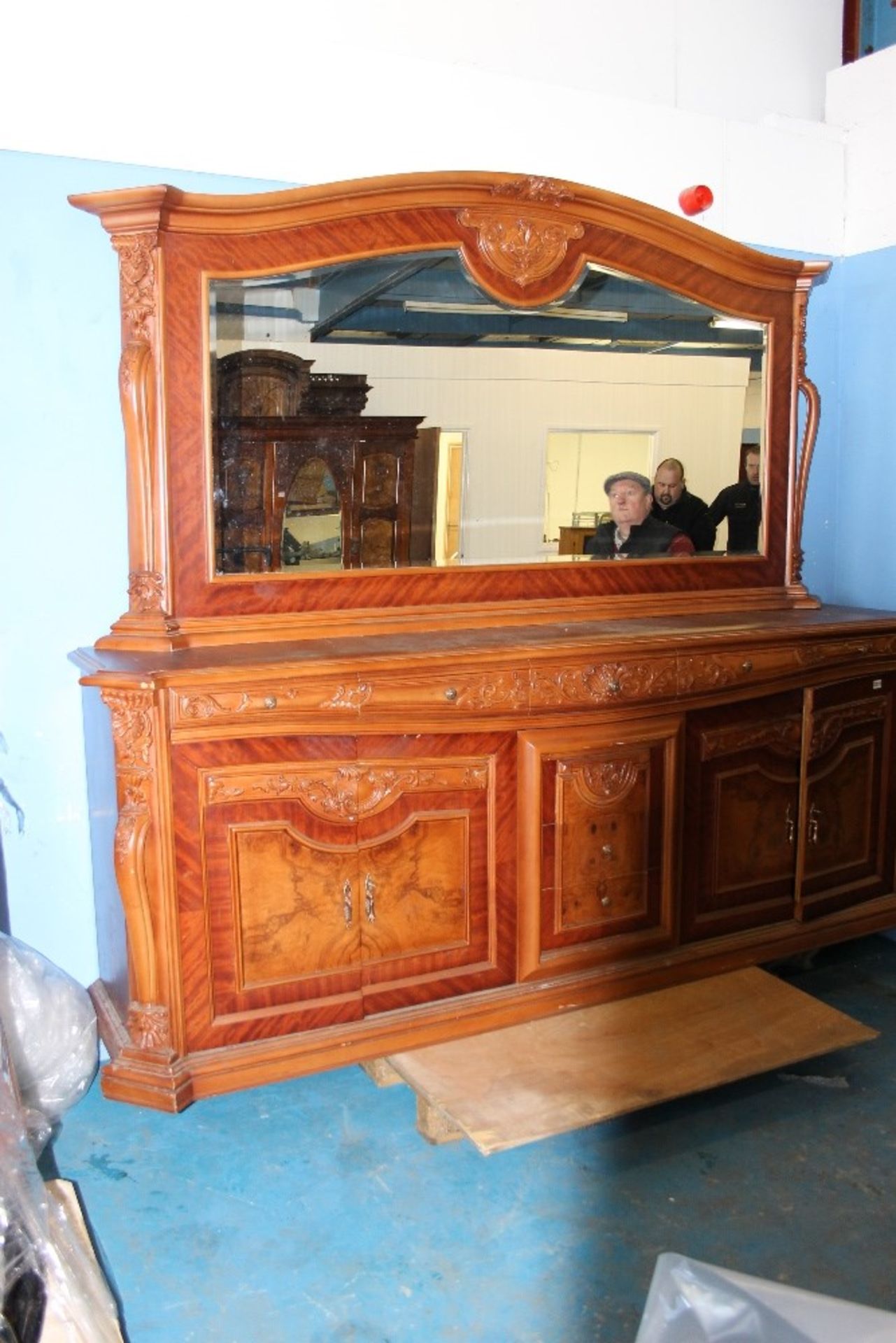 Huge hand Carved Wall Unit / Dresser with Large Mirror – 2 Double Cupboards below + 8 Drawers W264cm - Image 3 of 5