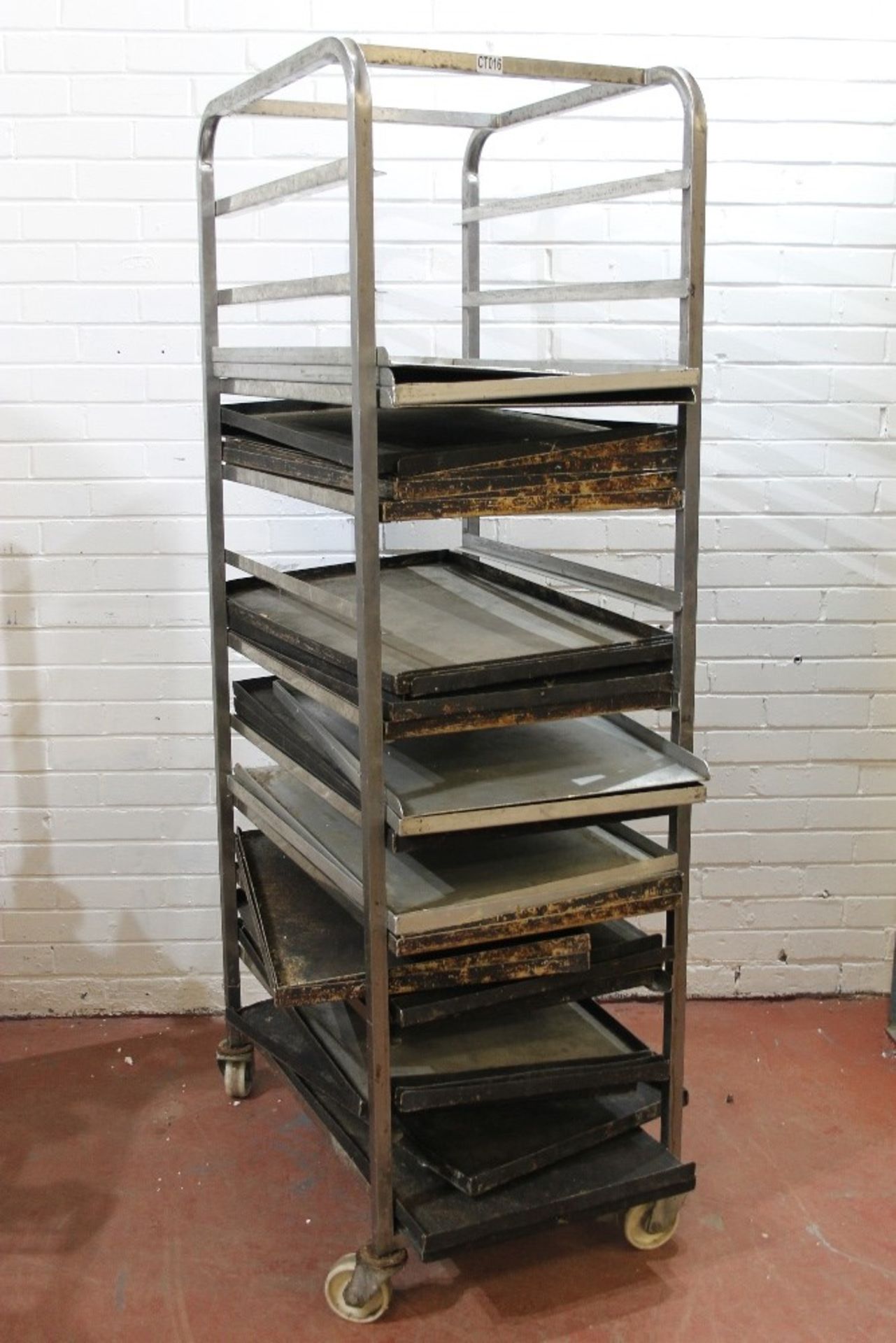 Bakers Rack with 10 Runners to hold 30” x 18” Baking Trays + 37 Baking Trays – NO VAT