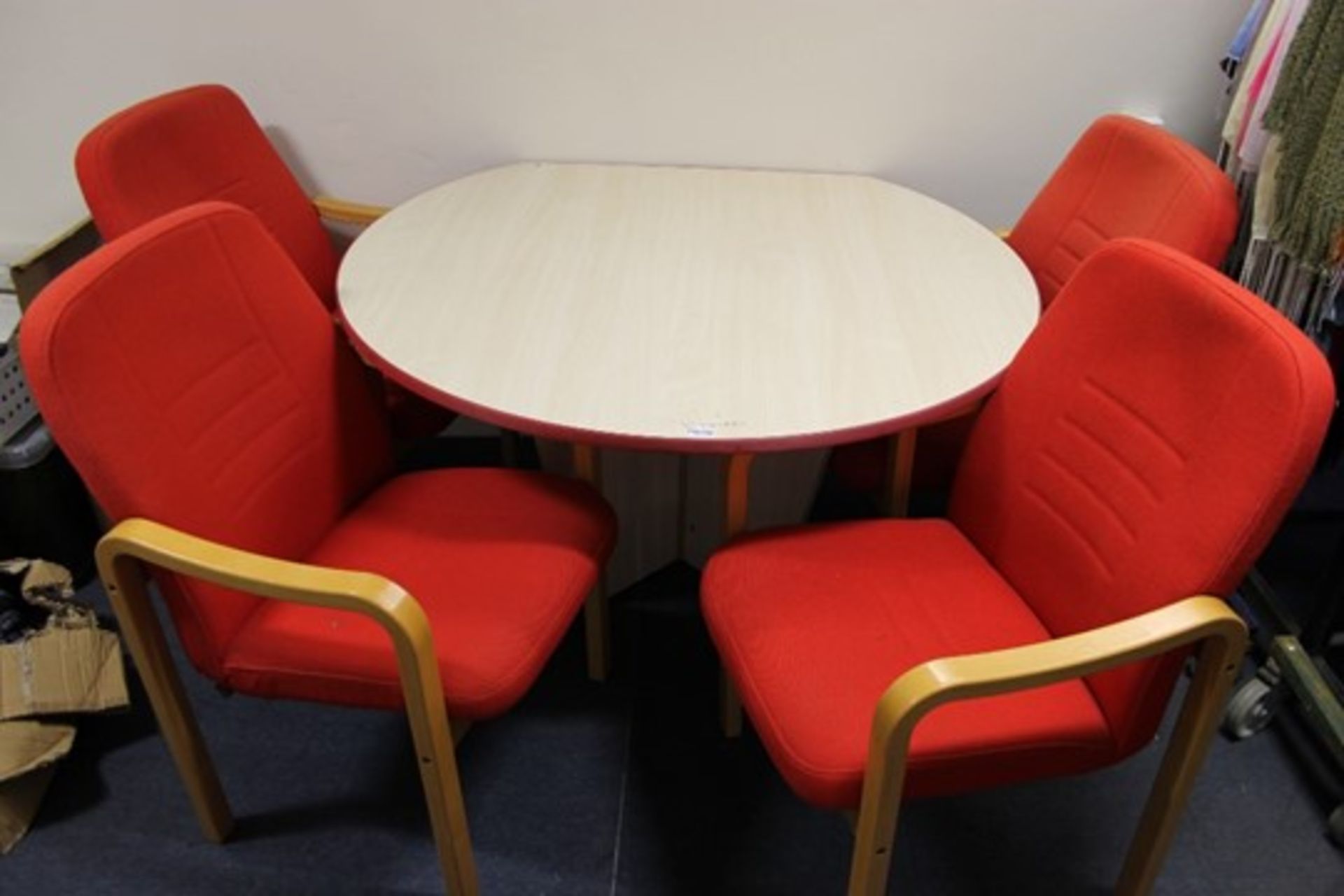 Large Round Pine Wood Meeting Table – one flat side + 4 Chairs in Red – W130cm x H74cm x D118cm NO