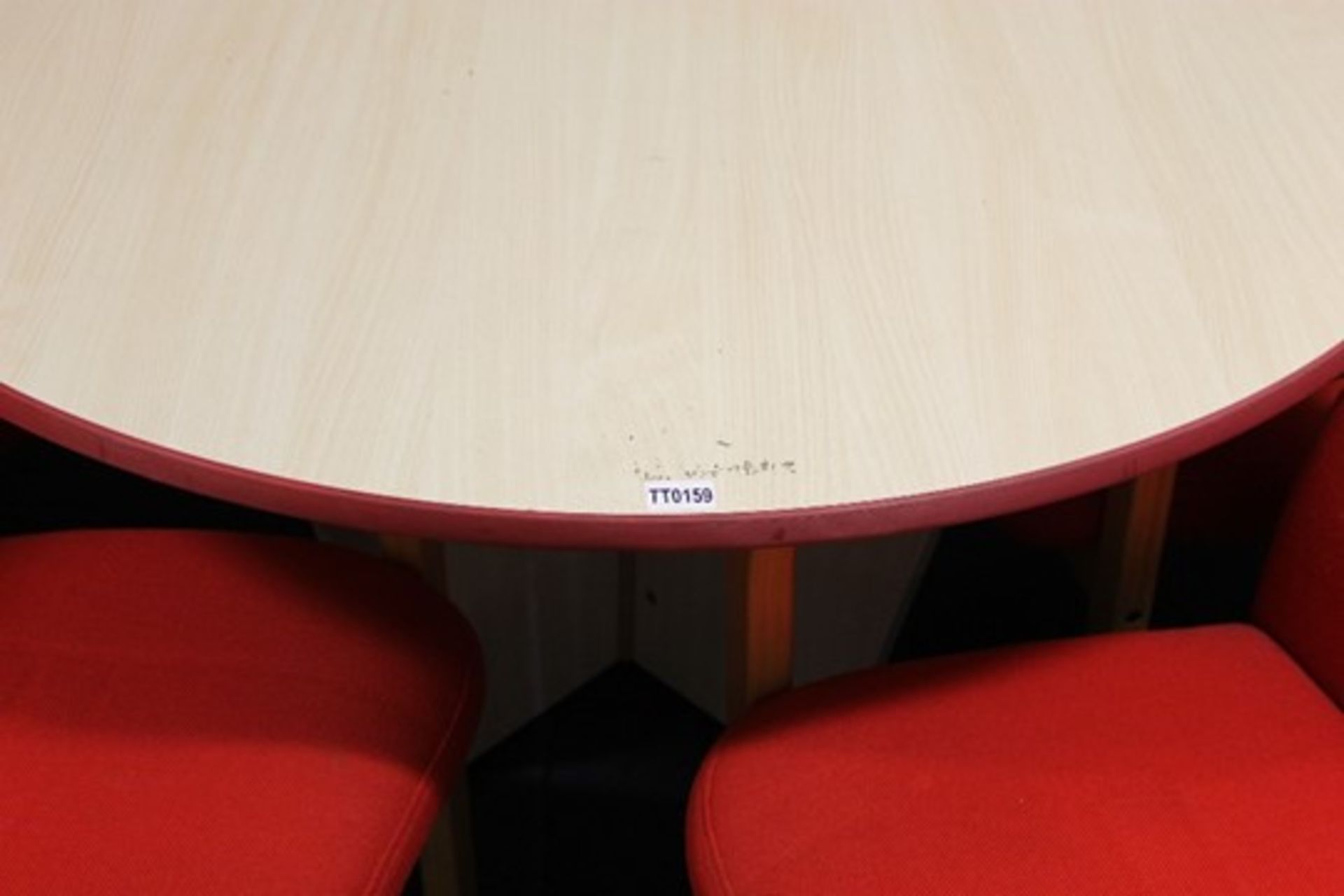 Large Round Pine Wood Meeting Table – one flat side + 4 Chairs in Red – W130cm x H74cm x D118cm NO - Image 2 of 3