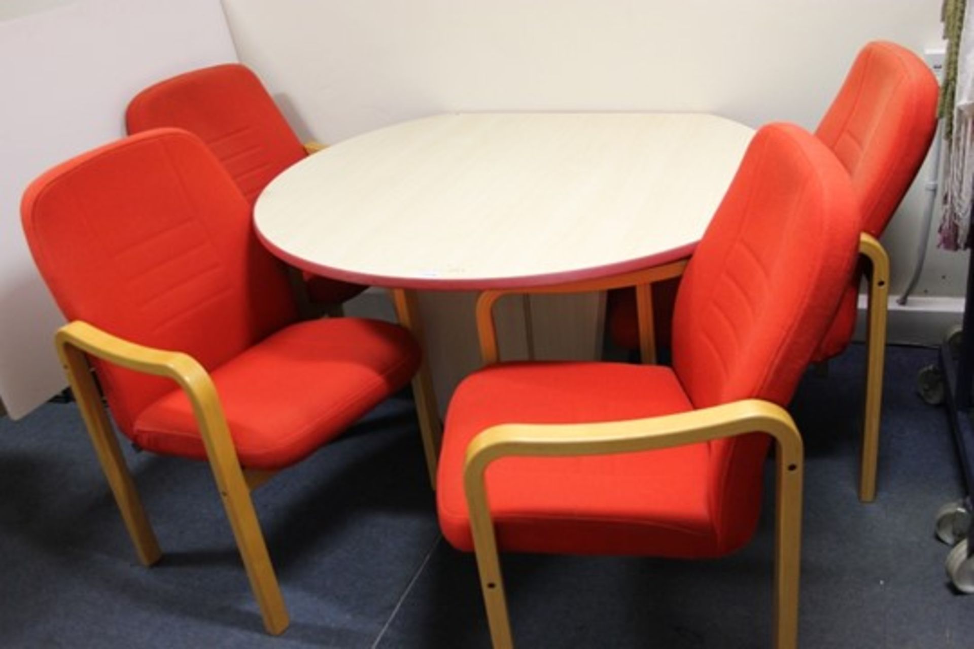 Large Round Pine Wood Meeting Table – one flat side + 4 Chairs in Red – W130cm x H74cm x D118cm NO - Image 3 of 3