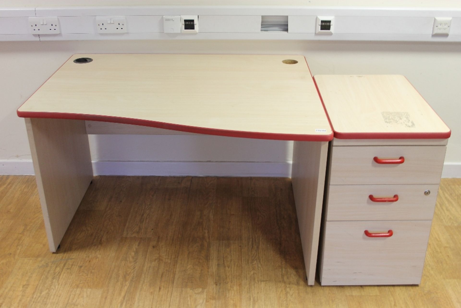 Small Light Wood Desk + set of Drawers with Red Trim W120cm x H72cm x D100cm – NO VAT