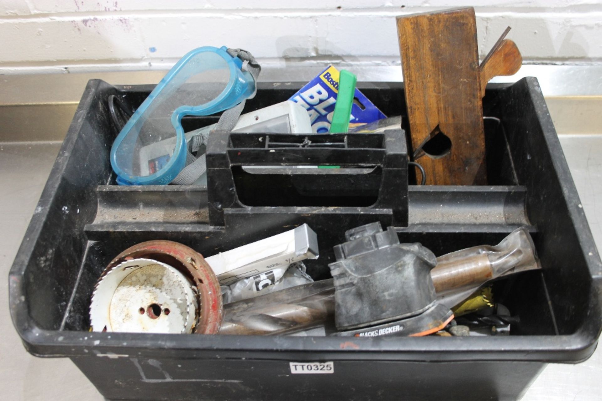 Small Tool Box various tool drills , circular cutters old plane charger unit , trowel, wire