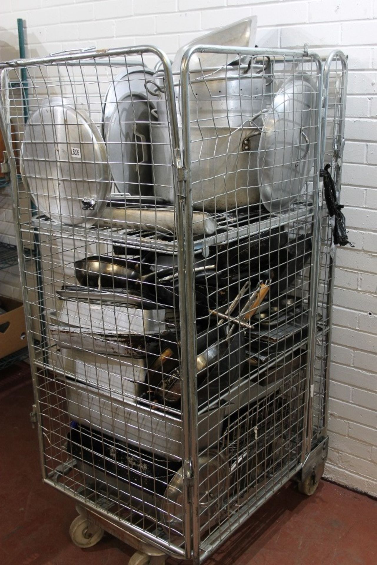Full Cage of Professional catering Pots, Pans, Meat Trays , Platters etc – everything for a busy