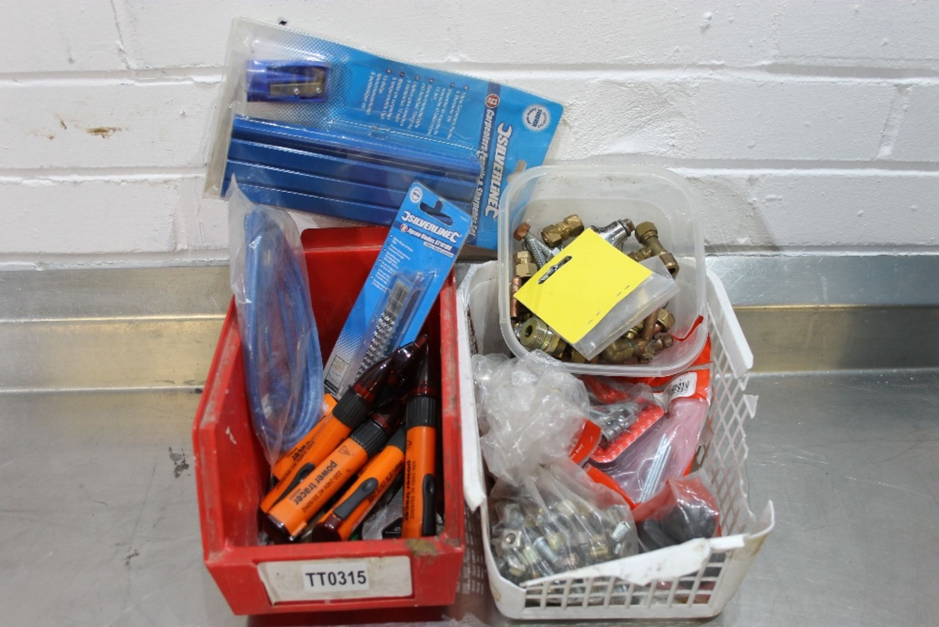 2 Small Tubs various Nuts, Bolts, Brass Fittings, Carpenter Pencils B&Q Power Tracer Pens