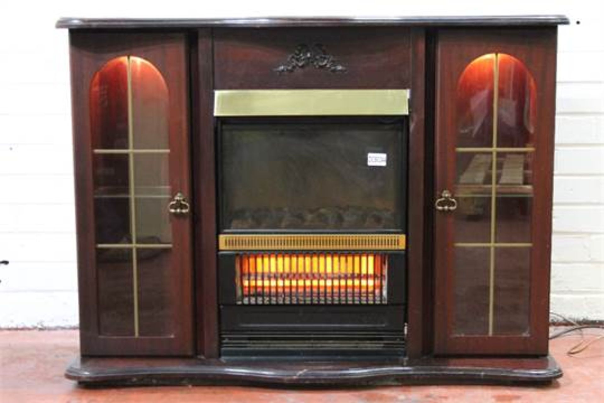 Dark Mahogany Wood Fire Surround with side cupboards Lights + Electric Fire – NO VAT W106cm x