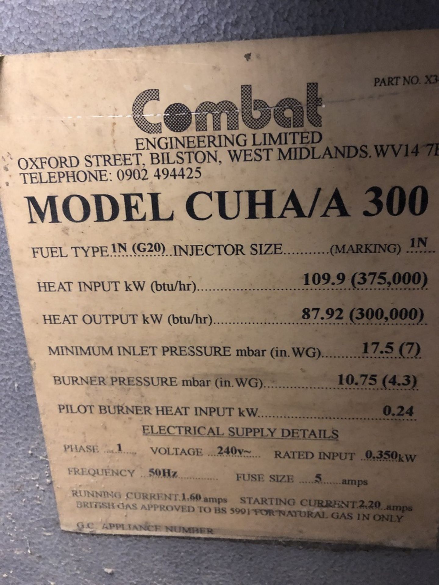 Combat CUHA 300 Industrial Gas Warehouse Heater – 88kw- 300,000 btuBought running but never - Image 3 of 3