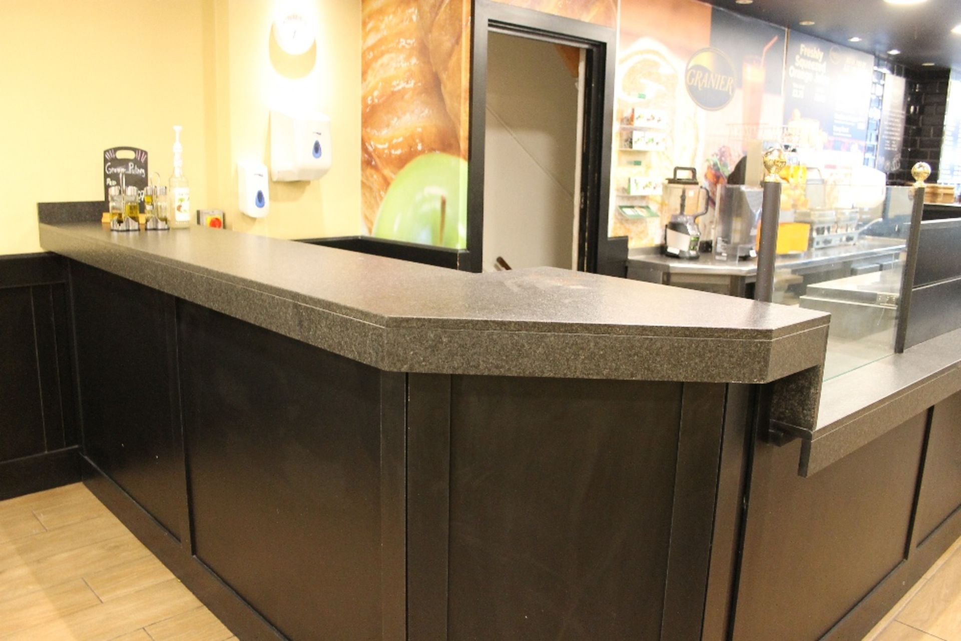 Huge Cafeteria Corner Service Counter – approx W330cm x D80cm to the front + 300cm x 80cm right side