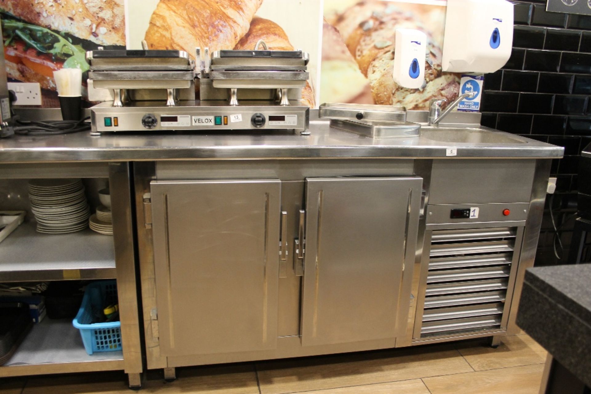 Stainless Steel Back Bar Unit with 2 Door Stainless Steel Fridge below & Under Storage + Hand Wash