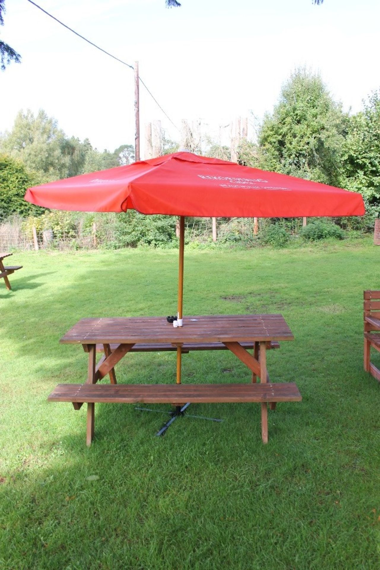 Beer Garden Furniture – Natural Wood – 8 Seater Bench Table + Parasol Buyer to collect from Powys